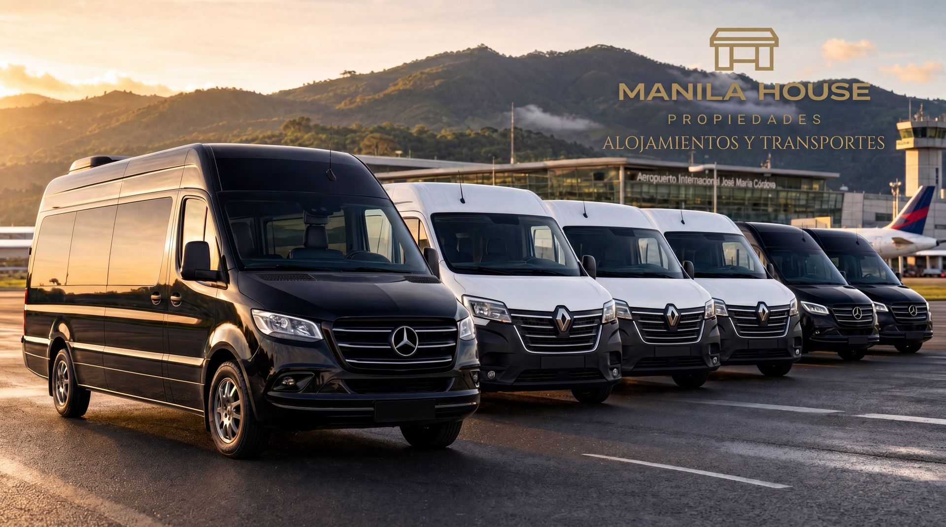 Flota Manila House — vans Mercedes-Benz Sprinter frente al Aeropuerto Internacional José María Córdova, con logo Manila House Alojamientos y Transportes